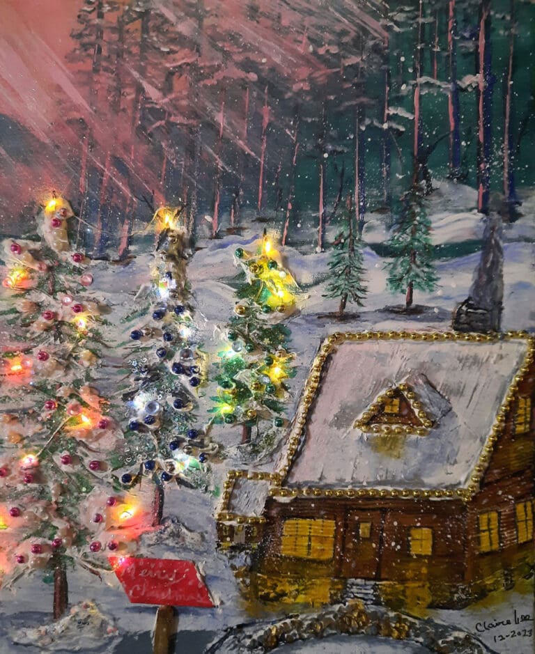 Multimedia collage oil painting incorporating lights in the trees to enhance the Christmas theme.