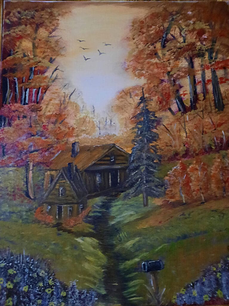 fall forest scene with a cabin painted by Claire Lee