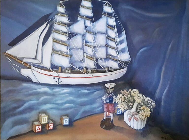 Painting of a sailboat and some children's toys - By Claire Lee