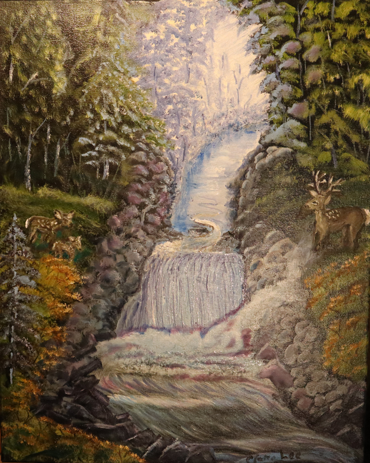 Painting of nature scene showing a deer next to a stream