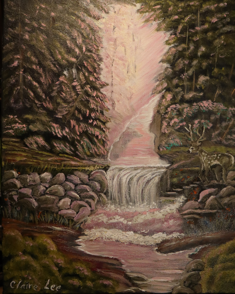 Painting of a nature scene at twilight with deer next to a stream