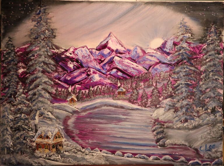 Snowy purple mountains with a small cabin