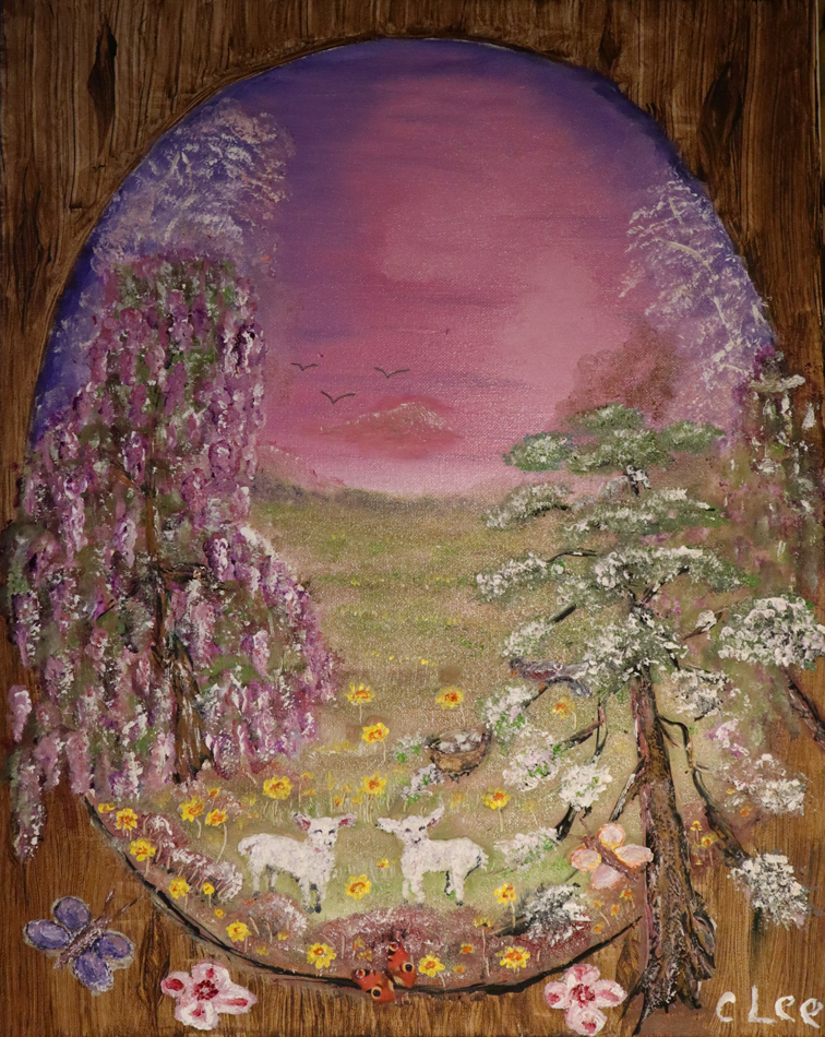 Spring time portrait of sheep with a wooden border